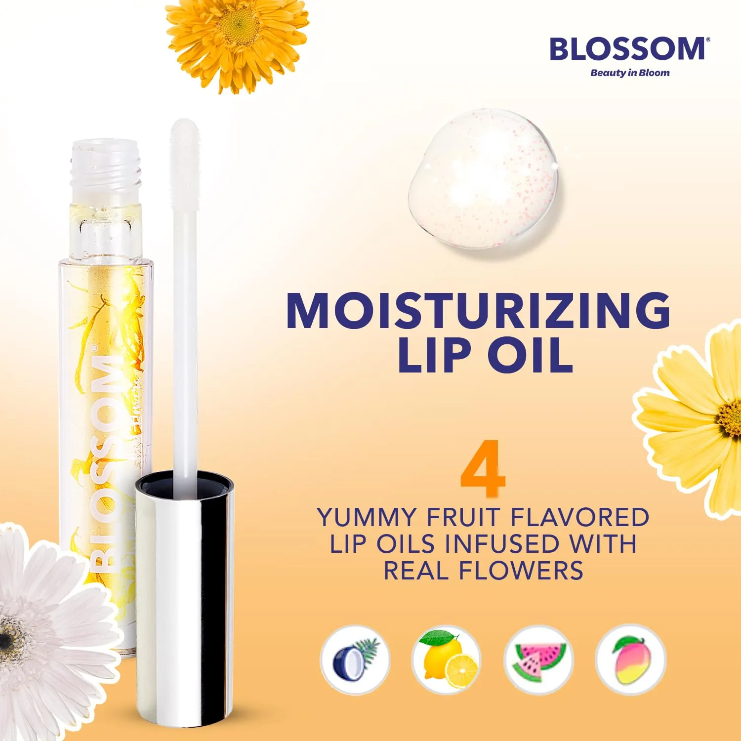 Blossom Moisturizing and Hydrating Shimmer Sparkle Lip Oil with Olive Oil   Grape Seed Oil, Infused with Real Flowers, 3g, Mango