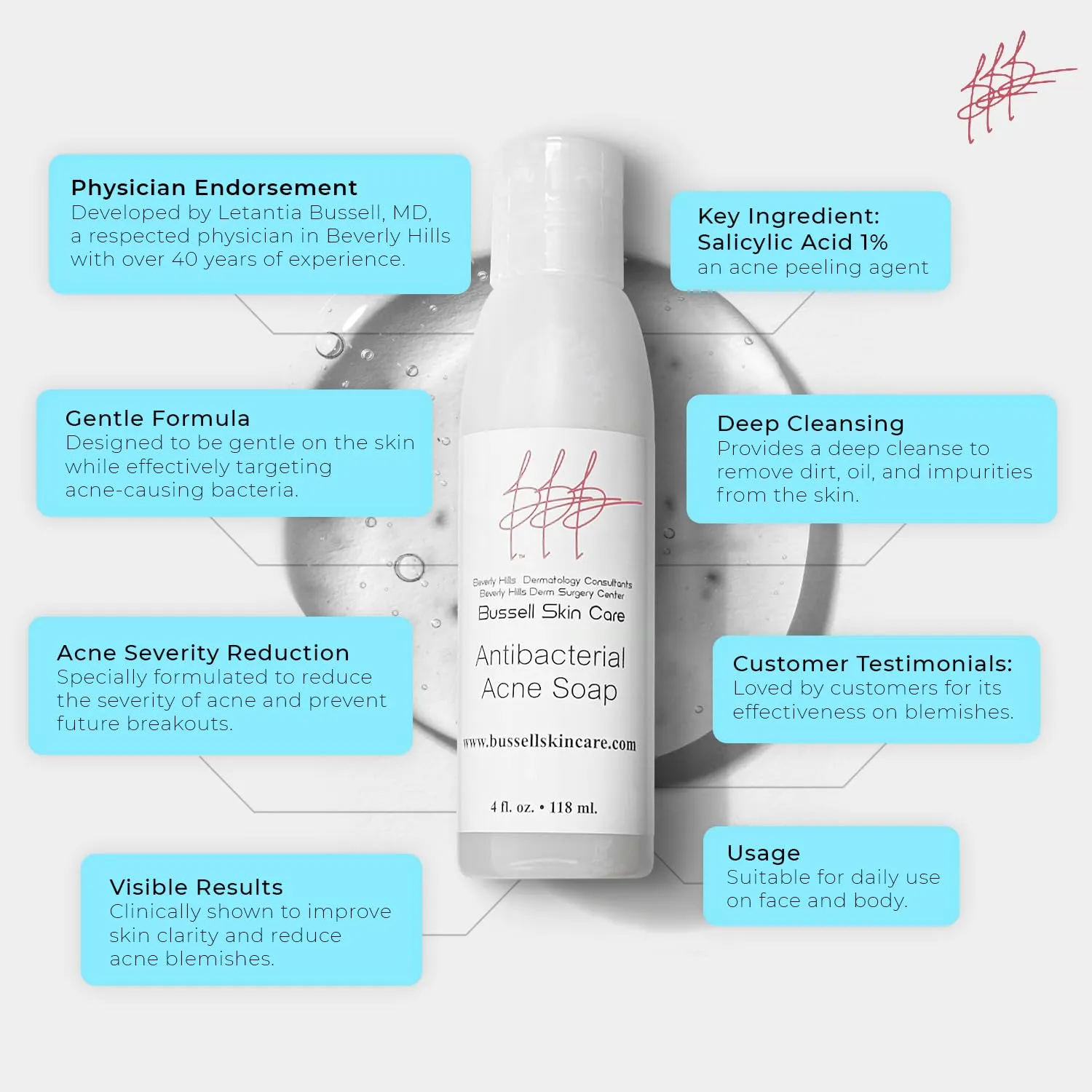 Bussell Skin Care Beverly Hills Dermatology Consultants - Anti-Bacterial Acne Soap - Salicylic Acid 1% 4 oz