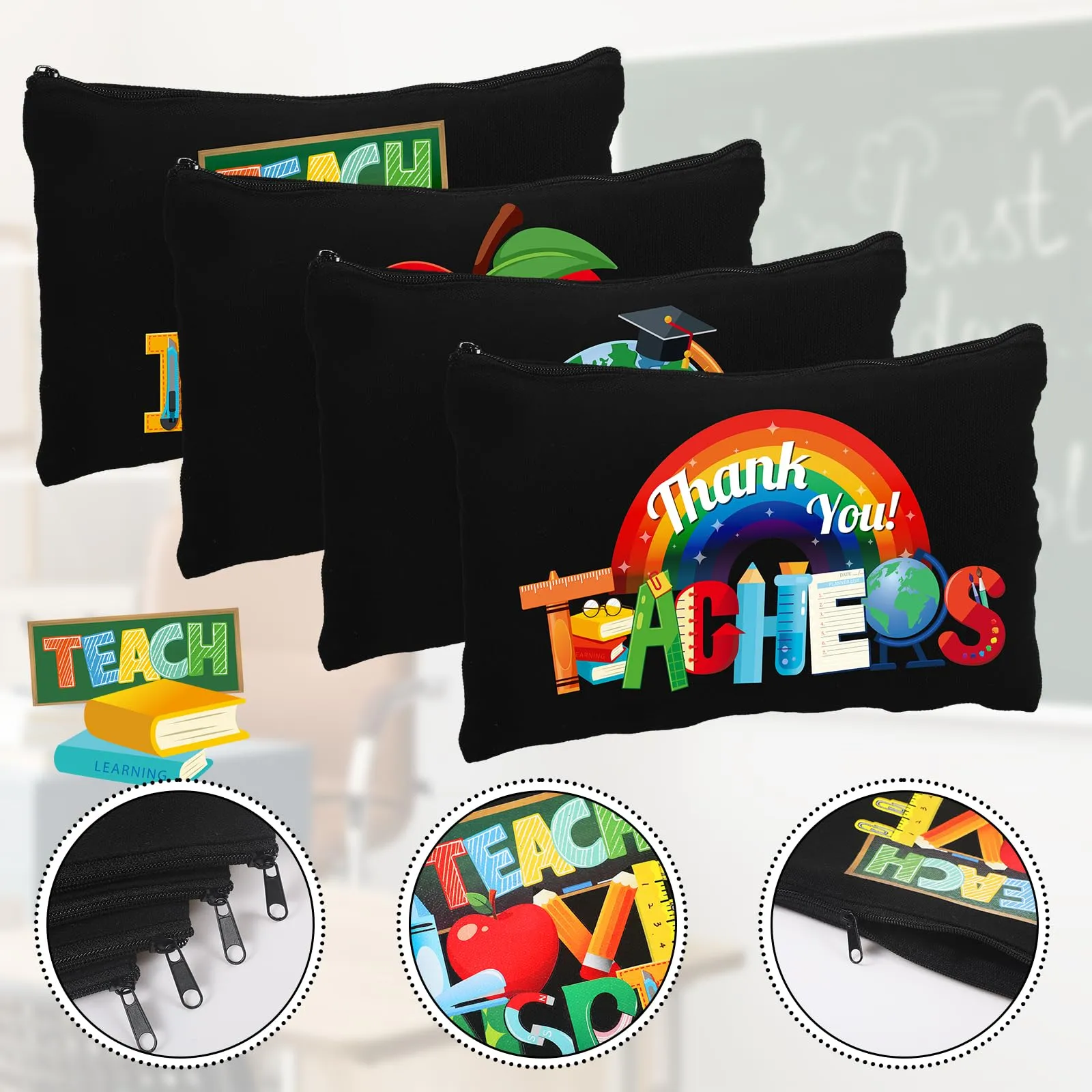 Capoda 28 Pcs Teacher Appreciation Gifts for Women Graduation Teacher Canvas Makeup Bags Cosmetic Zipper Pouch Pencil Bags(Black)