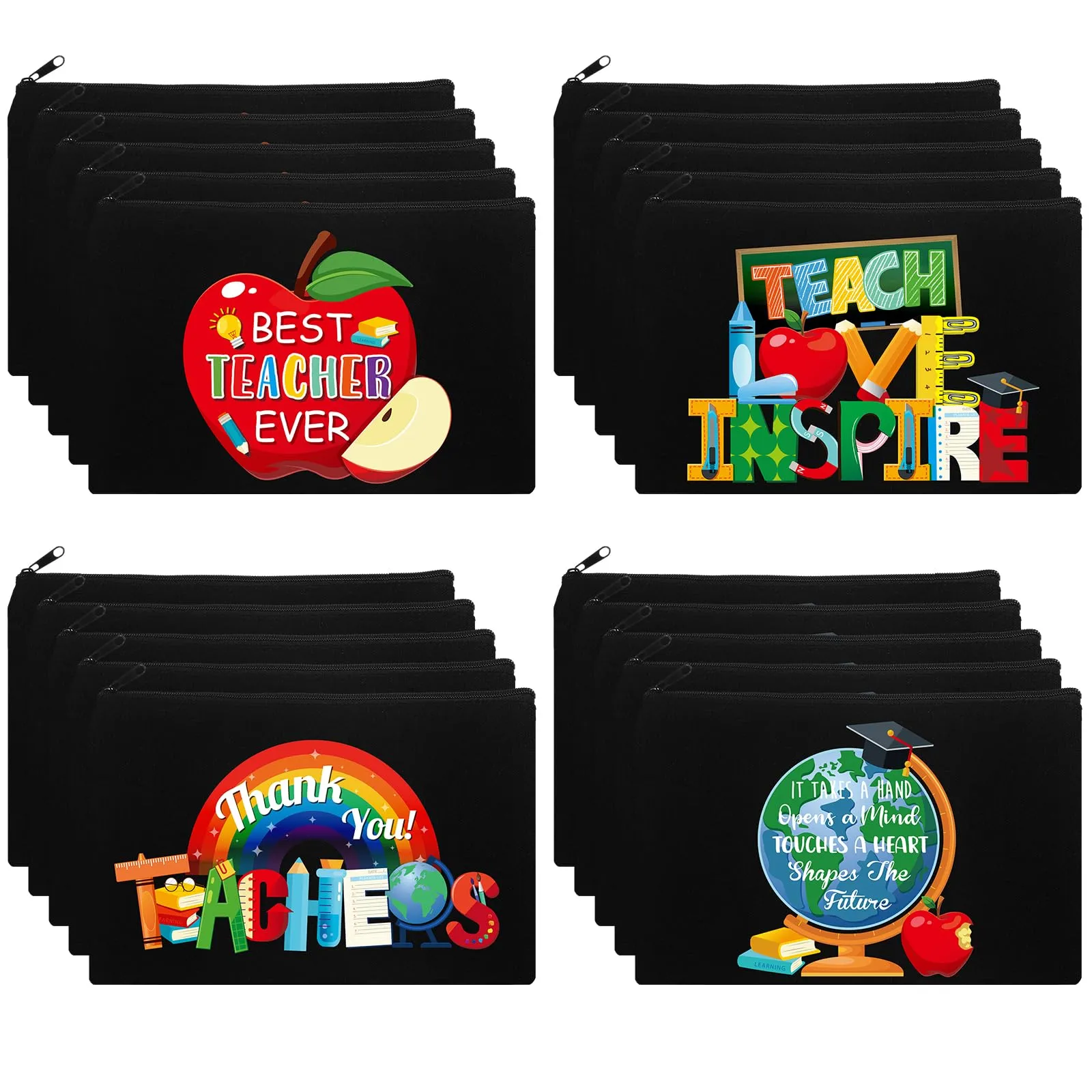 Capoda 28 Pcs Teacher Appreciation Gifts for Women Graduation Teacher Canvas Makeup Bags Cosmetic Zipper Pouch Pencil Bags(Black)