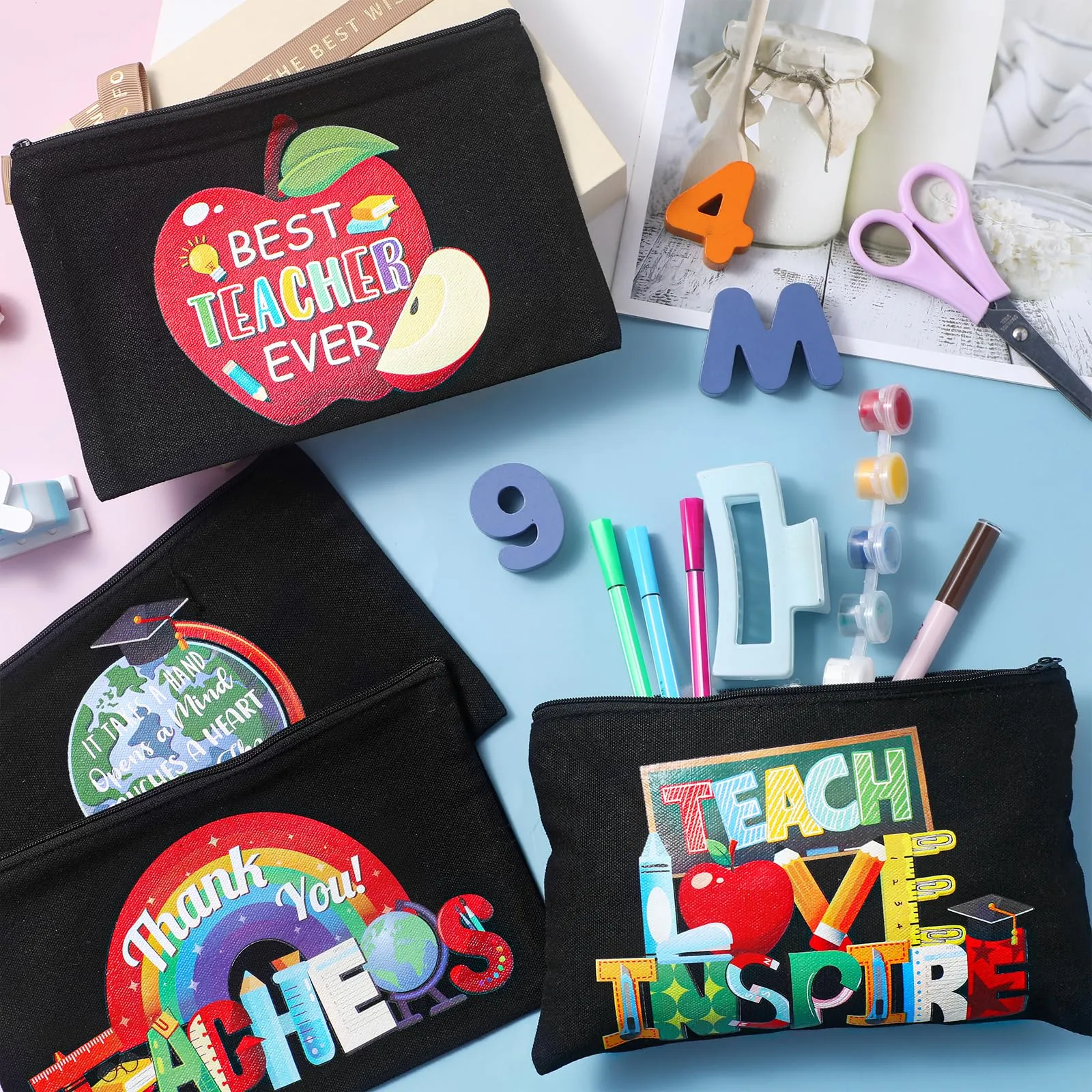 Capoda 28 Pcs Teacher Appreciation Gifts for Women Graduation Teacher Canvas Makeup Bags Cosmetic Zipper Pouch Pencil Bags(Black)