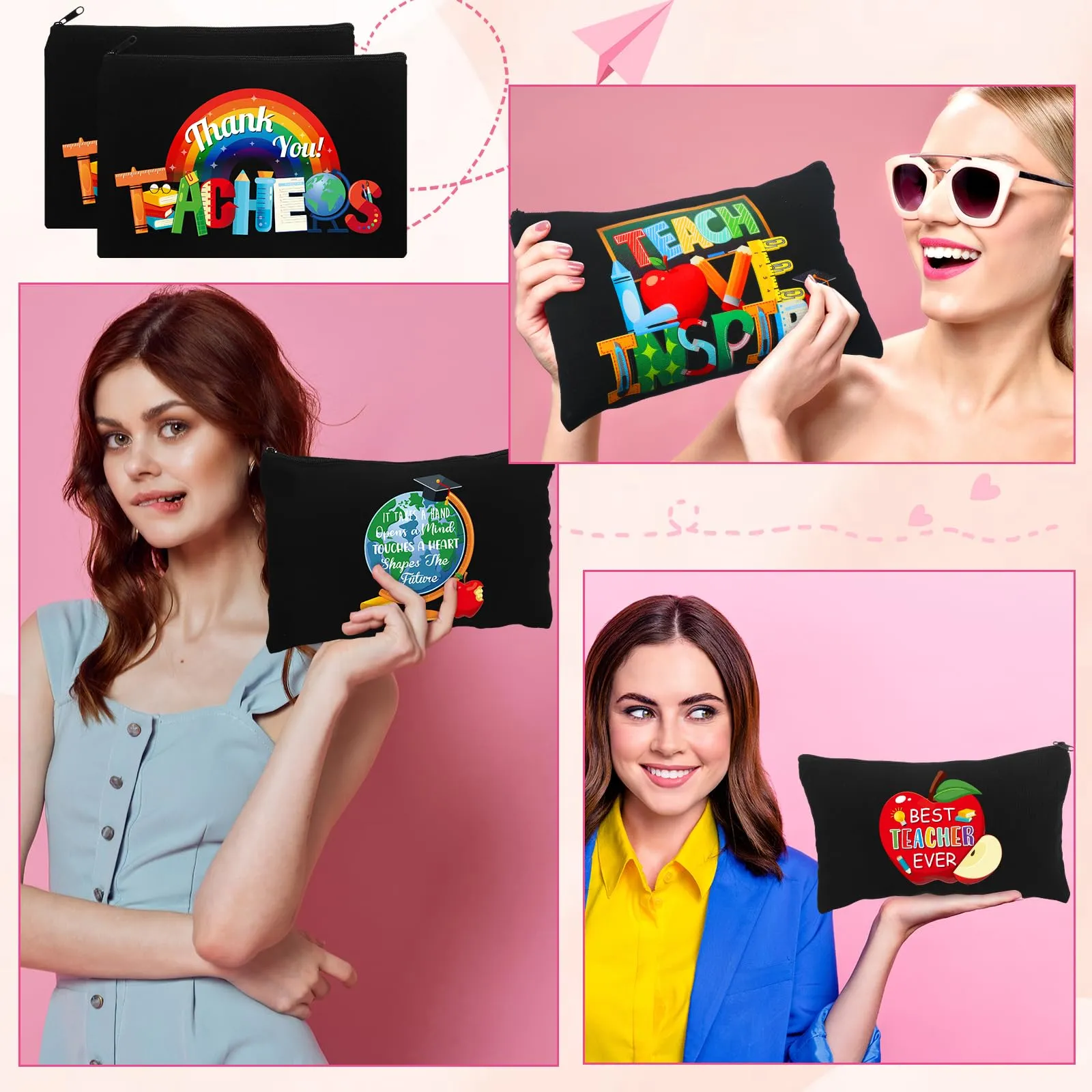 Capoda 28 Pcs Teacher Appreciation Gifts for Women Graduation Teacher Canvas Makeup Bags Cosmetic Zipper Pouch Pencil Bags(Black)