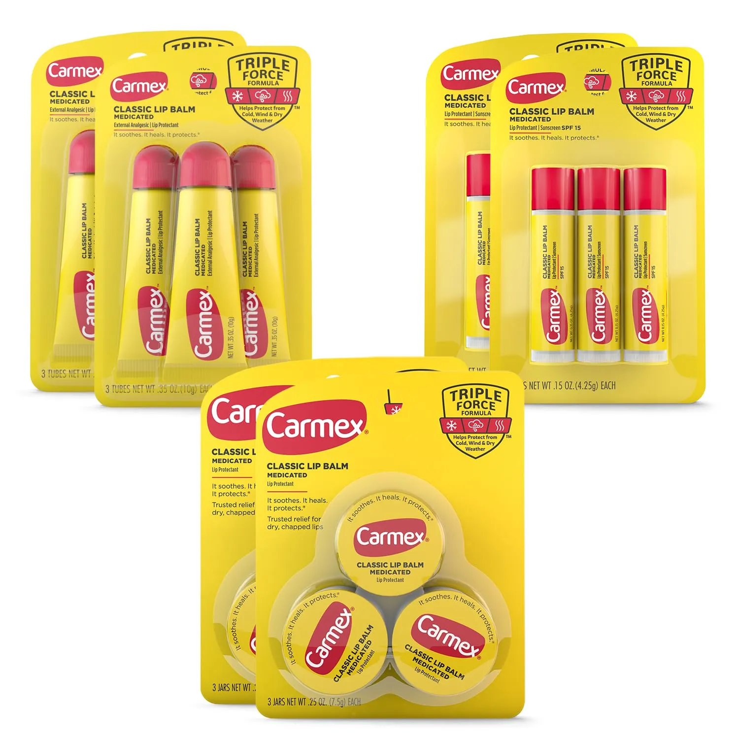 Carmex Classic Medicated Lip Balm Pack, Lip Moisturizer for Chapped Lips, 18 Count (6 Tubes, 6 Sticks, 6 Jars)