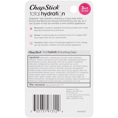 ChapStick Total Hydration Soothing Oasis Moisturizing Lip Balm Tube, Lip Balm for Lip Care - 0.12 Oz