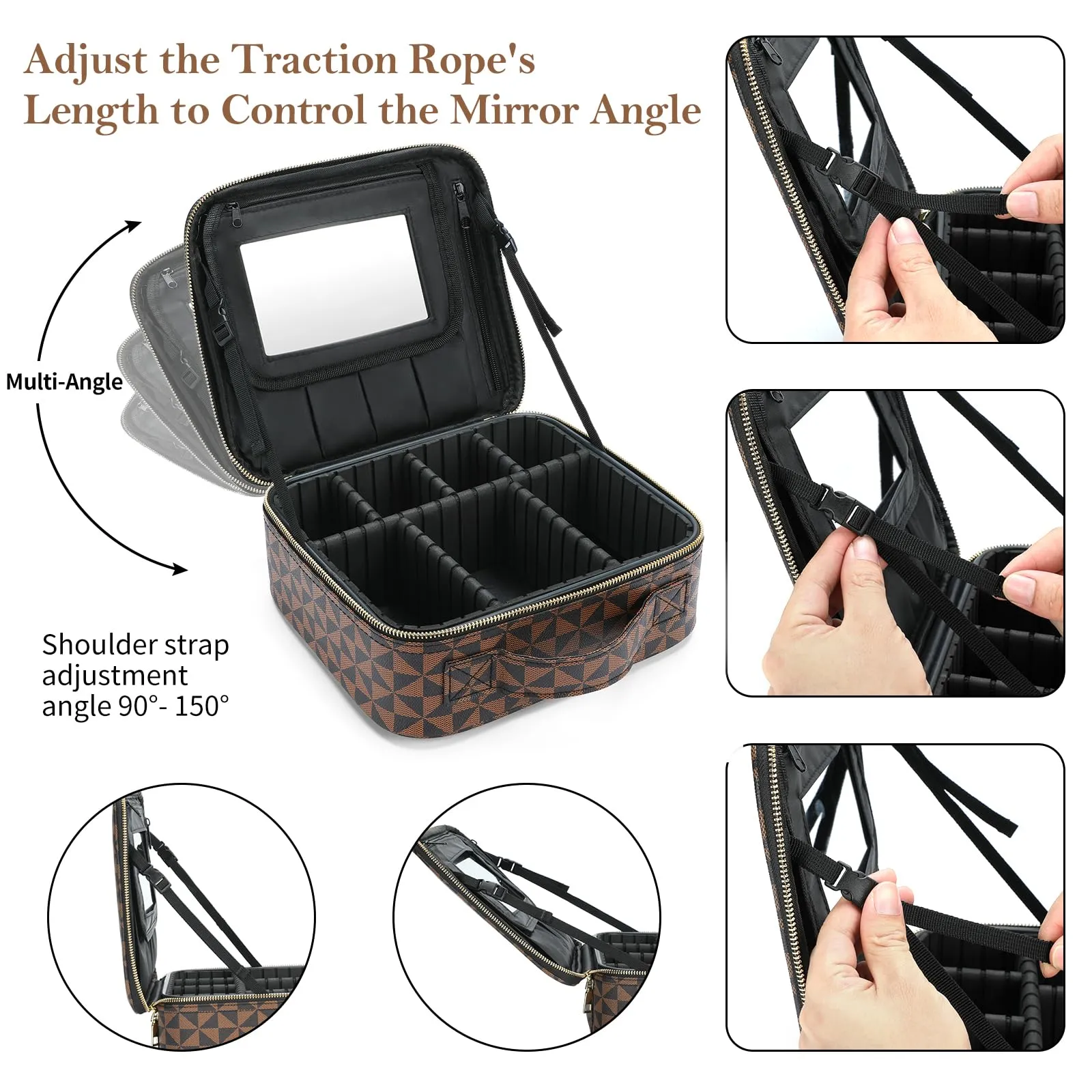 Checkered Makeup Bag, Travel Makeup Train Case, Portable Storage Bag with Dividers, Large Capacity Cosmetic Bags for Women, Makeup bag with Mirror, PU Leather Makeup Organizer Waterproof and Durable
