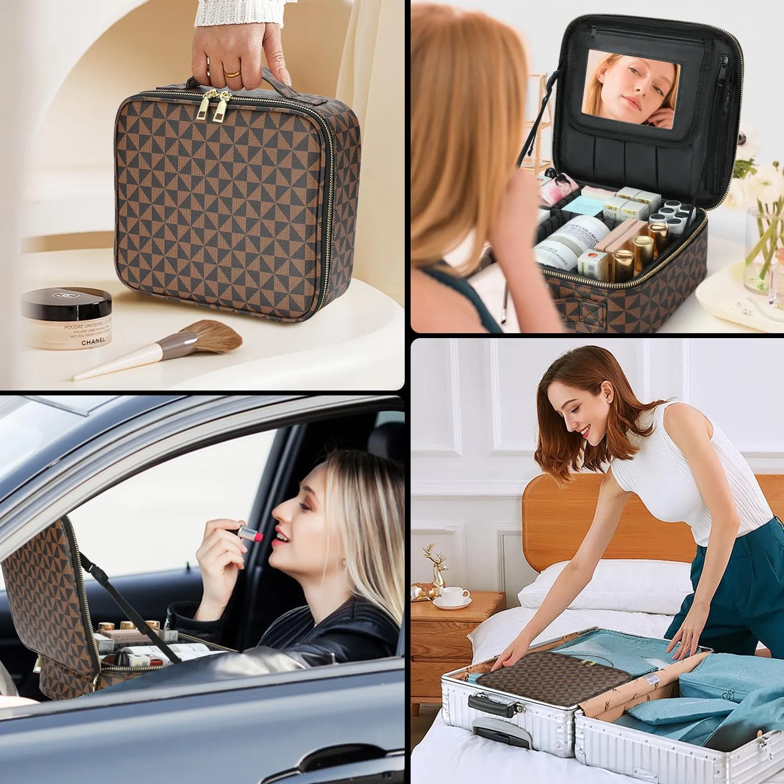 Checkered Makeup Bag, Travel Makeup Train Case, Portable Storage Bag with Dividers, Large Capacity Cosmetic Bags for Women, Makeup bag with Mirror, PU Leather Makeup Organizer Waterproof and Durable