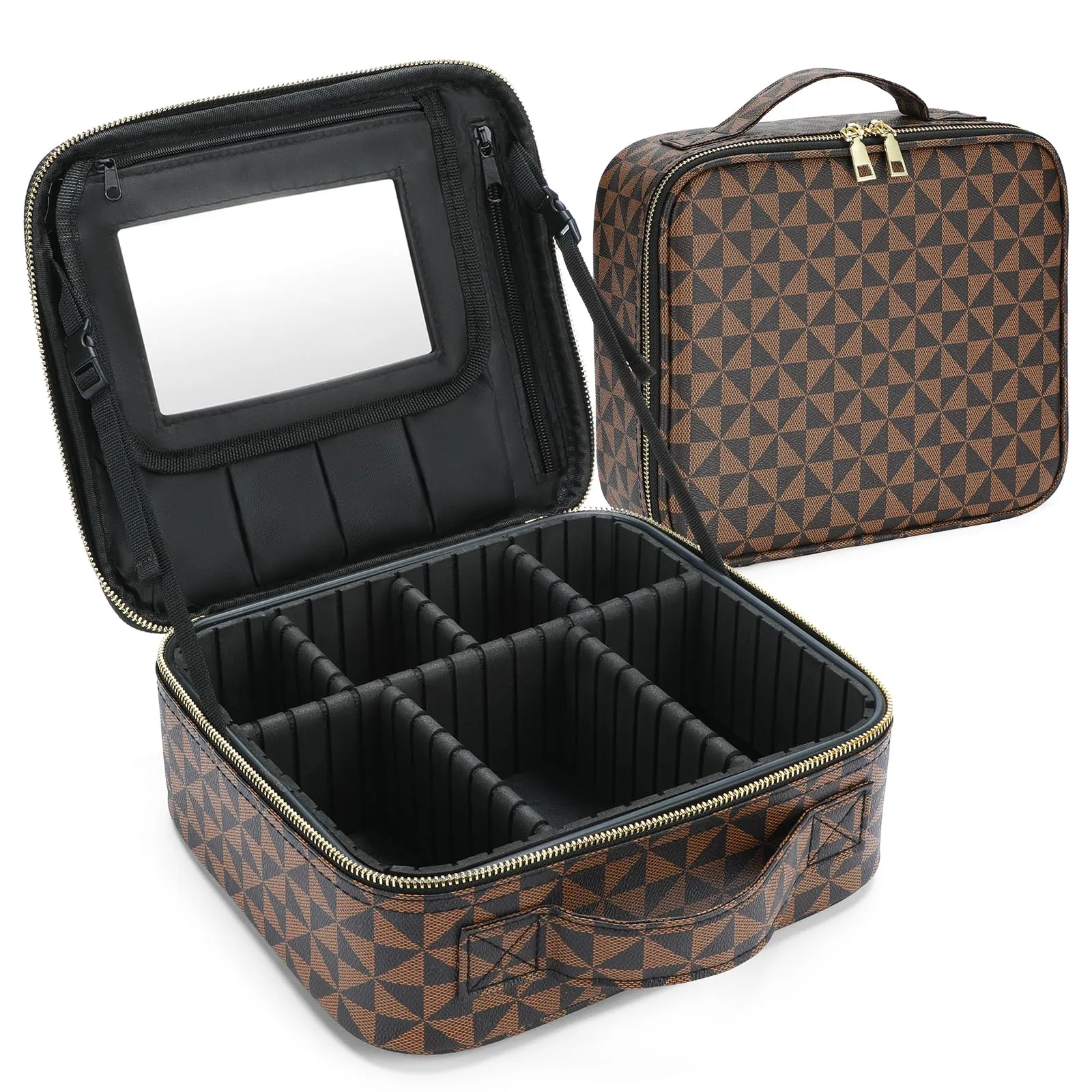 Checkered Makeup Bag, Travel Makeup Train Case, Portable Storage Bag with Dividers, Large Capacity Cosmetic Bags for Women, Makeup bag with Mirror, PU Leather Makeup Organizer Waterproof and Durable