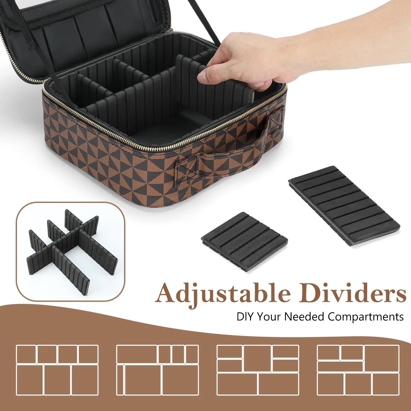 Checkered Makeup Bag, Travel Makeup Train Case, Portable Storage Bag with Dividers, Large Capacity Cosmetic Bags for Women, Makeup bag with Mirror, PU Leather Makeup Organizer Waterproof and Durable