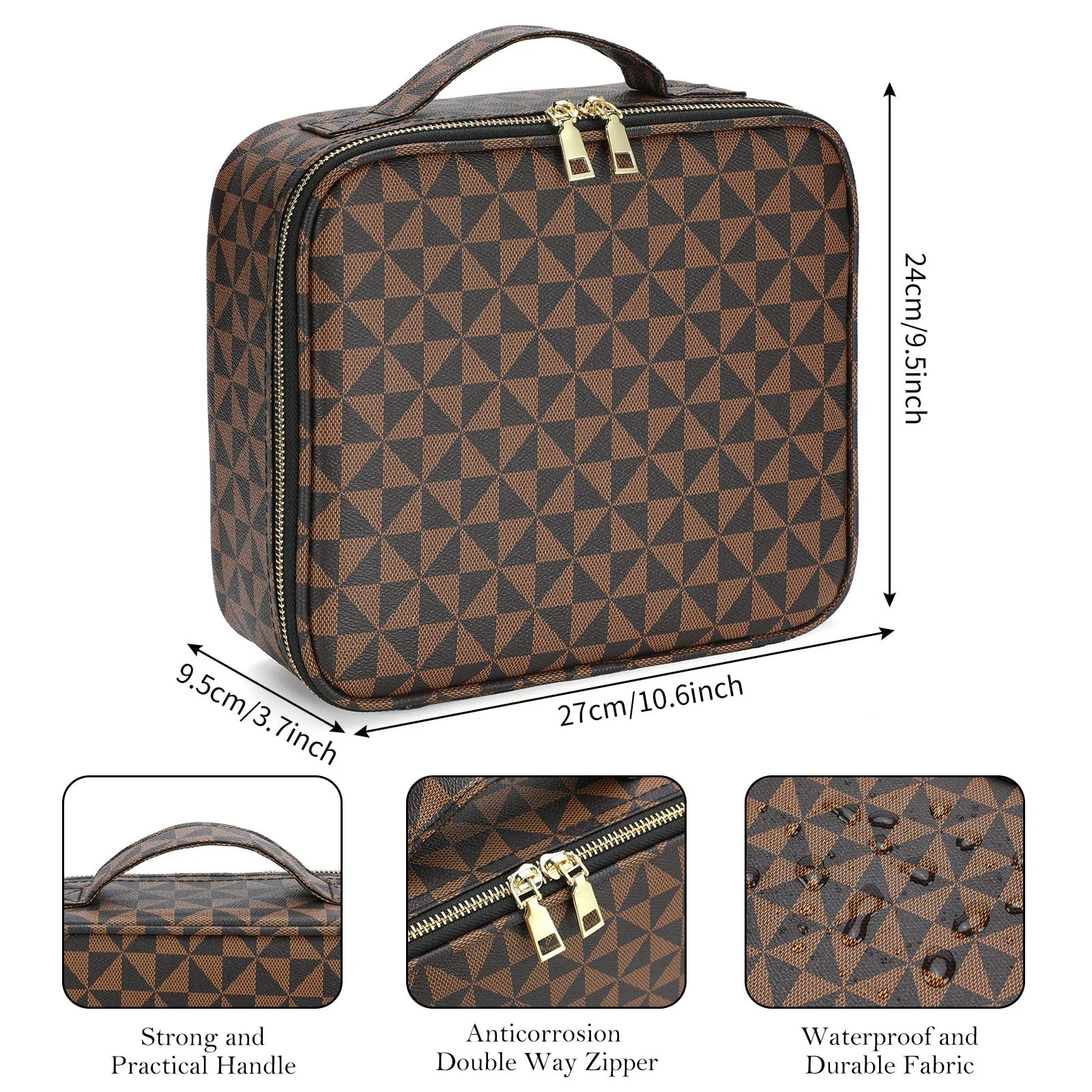 Checkered Makeup Bag, Travel Makeup Train Case, Portable Storage Bag with Dividers, Large Capacity Cosmetic Bags for Women, Makeup bag with Mirror, PU Leather Makeup Organizer Waterproof and Durable