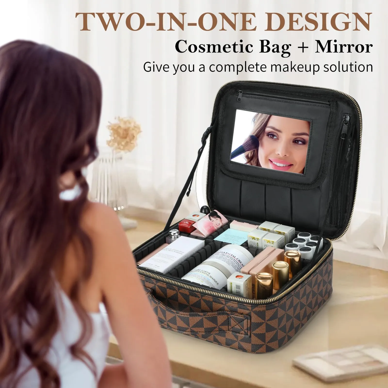 Checkered Makeup Bag, Travel Makeup Train Case, Portable Storage Bag with Dividers, Large Capacity Cosmetic Bags for Women, Makeup bag with Mirror, PU Leather Makeup Organizer Waterproof and Durable