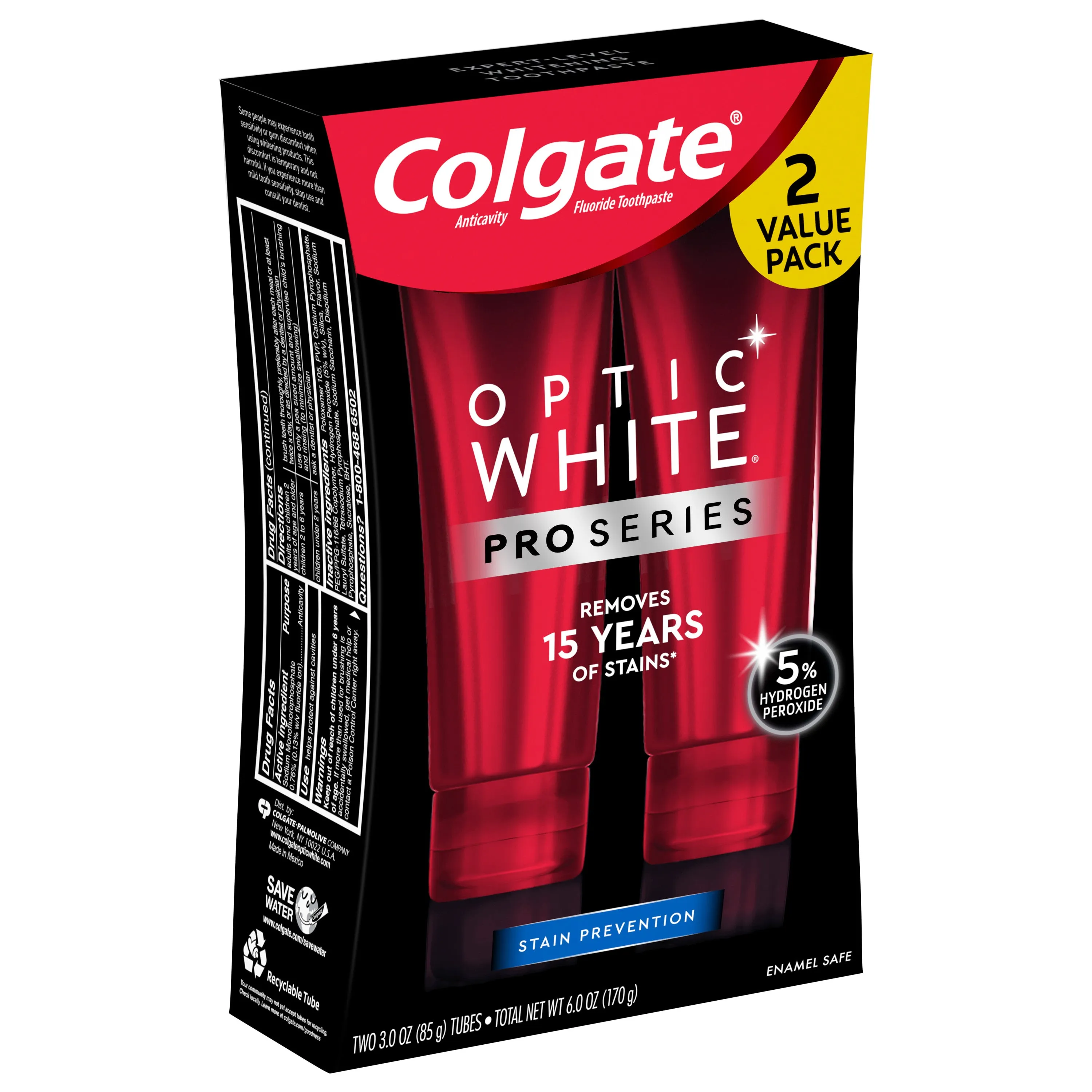 Colgate Optic White Pro Series Whitening Toothpaste with 5% Hydrogen Peroxide, Stain Prevention, 3 oz Tube, 2 Pack