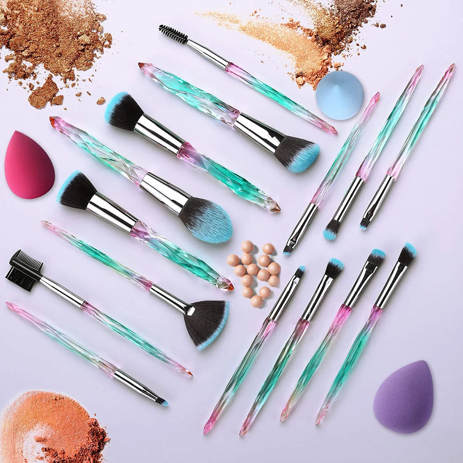 Crystal-15pcs Green Makeup Brush Sets with Makeup Sponges