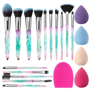 Crystal-15pcs Green Makeup Brush Sets with Makeup Sponges