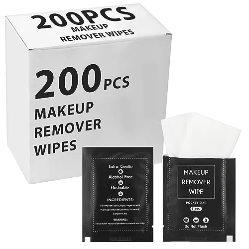 Demissle 200 Pieces Bulk Makeup Remover Wipes Individually Wrapped Face Cleansing Wipes Towelette Makeup Remover Cloth Pads for Face Cleansing Skin Care Makeup Remove (Black)