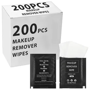 Demissle 200 Pieces Bulk Makeup Remover Wipes Individually Wrapped Face Cleansing Wipes Towelette Makeup Remover Cloth Pads for Face Cleansing Skin Care Makeup Remove (Black)