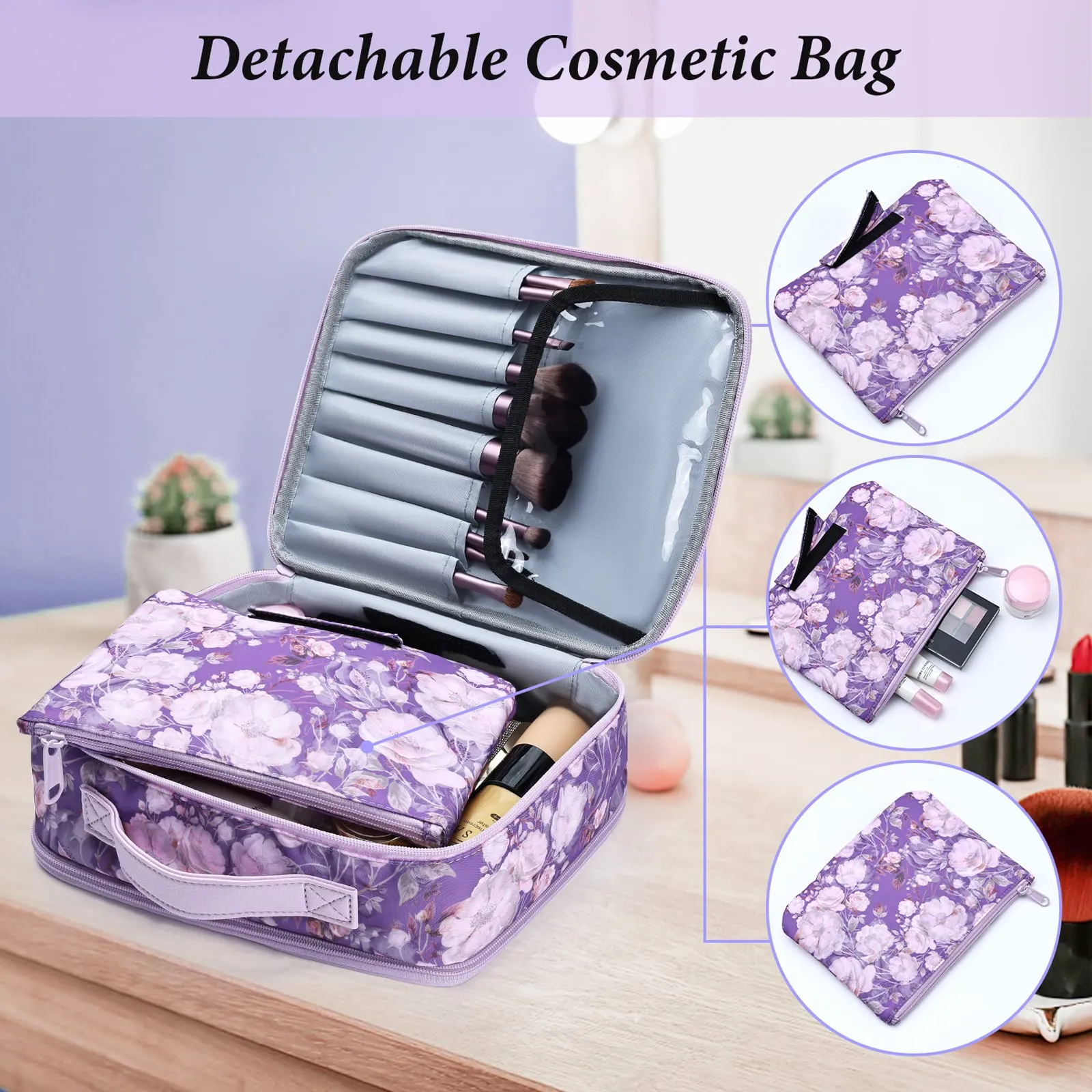 DIMJ Makeup Bag, 2 in 1 Jewelry Makeup Bag Double Layer Makeup Organizer for Women Girls, Large Capacity Waterproof Make Up Bag for Cosmetics Brushes Jewelry Toiletry. (Purple)