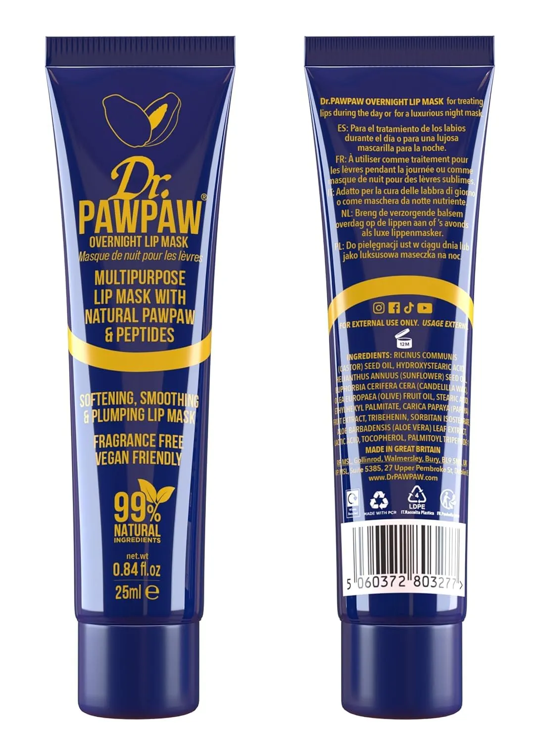 Dr.PAWPAW Overnight Lip Mask - Multi-Purpose Balm, Natural Pawpaw & Peptides Smooth Skin, Cracked Lips, Vegan, Ethical Beauty & Fregrance Free (3 x 25 ml)