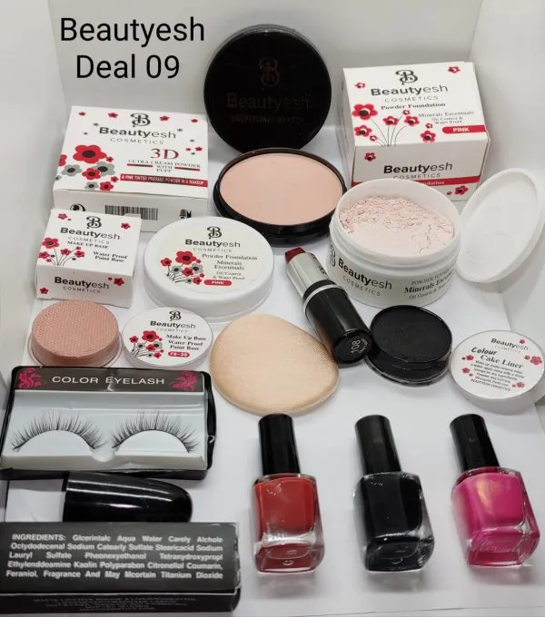 Elegant Beautyesh Bundle: 9-Piece Set Including Face Powder, Loose Powder, Cake Liner, False Eyelashes, Red Lipstick, Makeup Base & 3 Surprise Nail Polishes