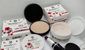 Elegant Beautyesh Bundle: 9-Piece Set Including Face Powder, Loose Powder, Cake Liner, False Eyelashes, Red Lipstick, Makeup Base & 3 Surprise Nail Polishes
