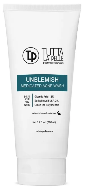 Exfoliating Face Wash Glycolic Acid 2% Salicylic Acid 2% - Medicated Unblemish Cleanser AHA BHA Acne Wash, with calming green tea, oil free, Helps for Acne, Oiliness, Blackheads, Cystic Acne 6.7 Fl Oz
