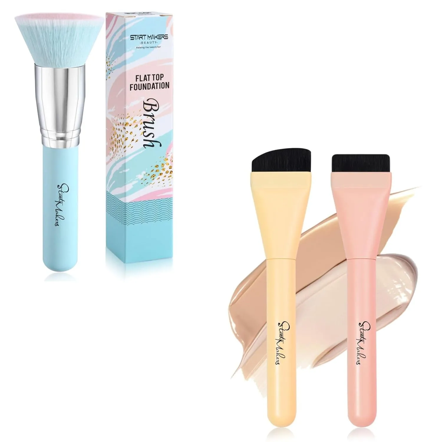 Flat Top Foundation Brush Blue with 2 Pack Ultra Thin Foundation Brushes Face Mask Brushes Pink and Yellow