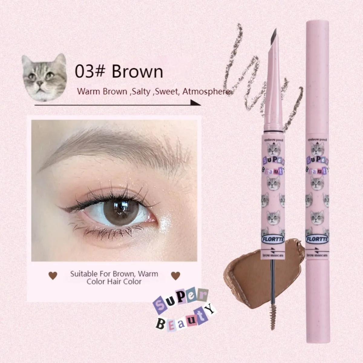 Flortte I Am Super Beauty Eyebrown Pencil and Brown Mascara 180mg 1g