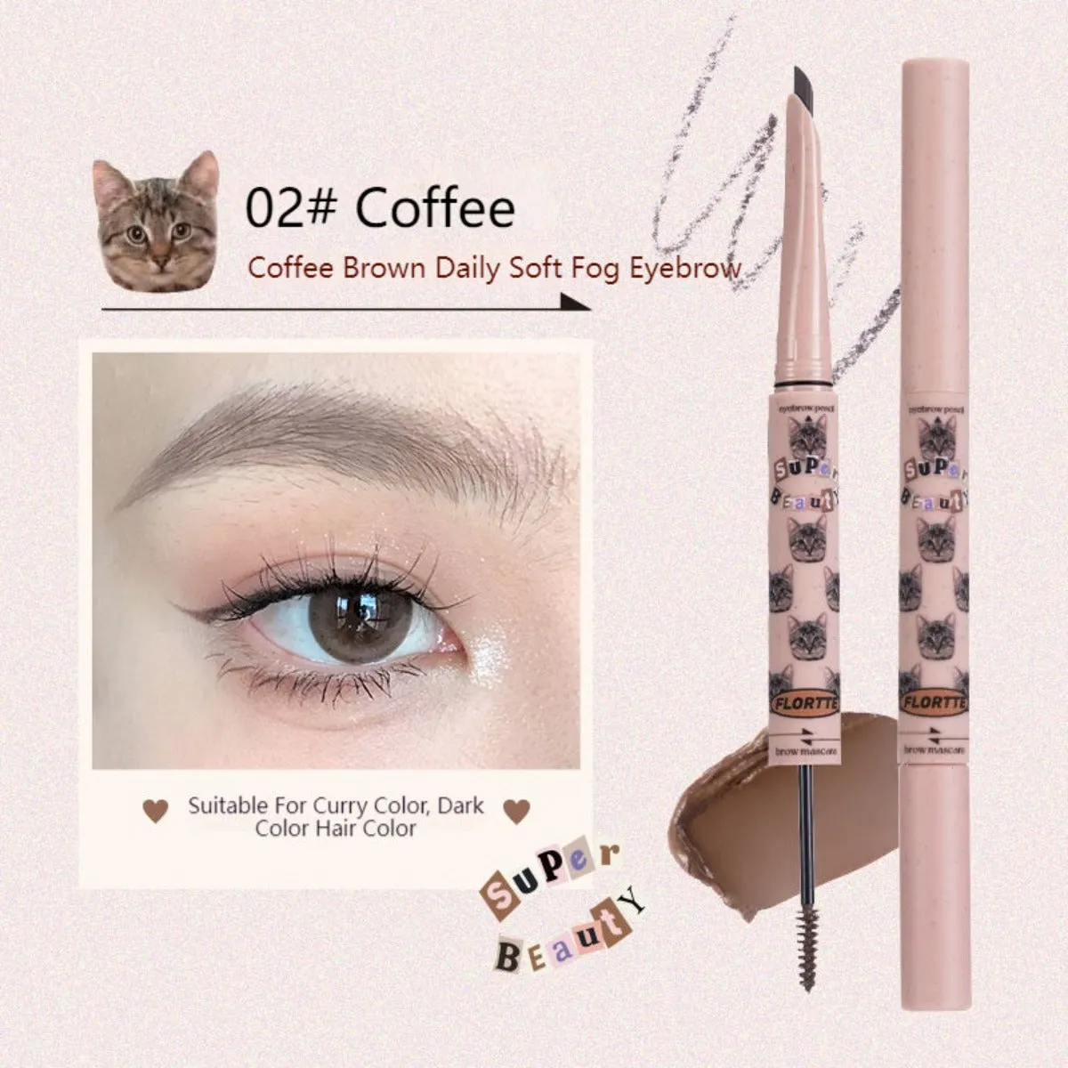 Flortte I Am Super Beauty Eyebrown Pencil and Brown Mascara 180mg 1g