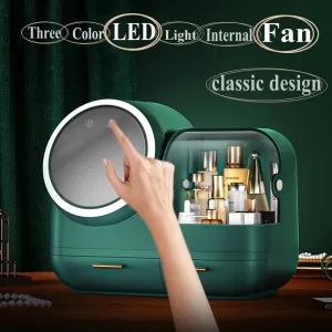 High Quality Makeup Storage Case LED Light With Fan Make Up Organizer Drawer Desktop Skincare Lipstick Cosmetic Beauty Box