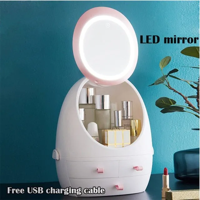 High Quality Makeup Storage Case LED Light With Fan Make Up Organizer Drawer Desktop Skincare Lipstick Cosmetic Beauty Box