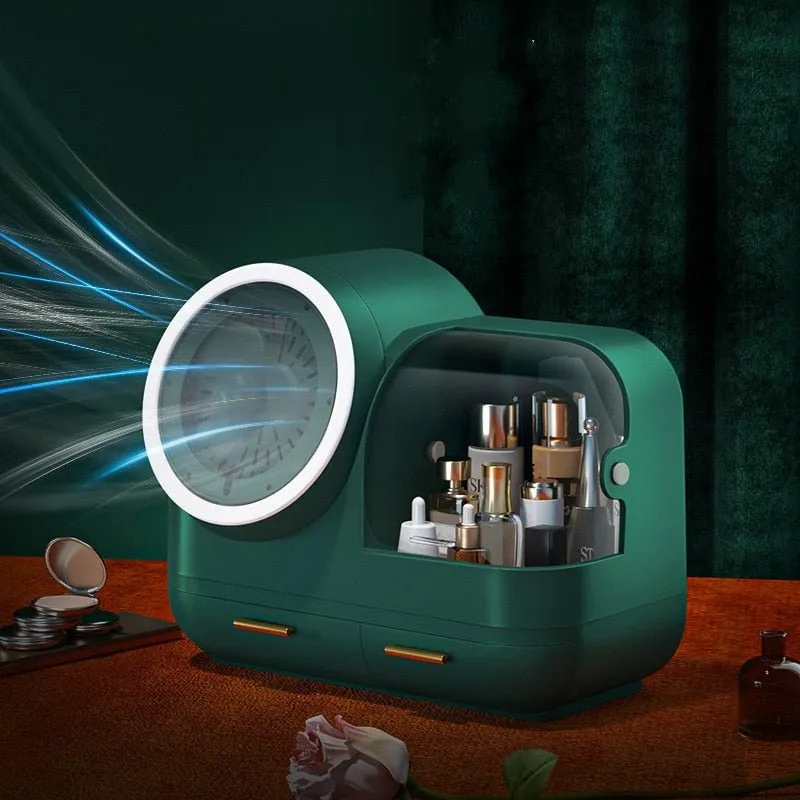 High Quality Makeup Storage Case LED Light With Fan Make Up Organizer Drawer Desktop Skincare Lipstick Cosmetic Beauty Box