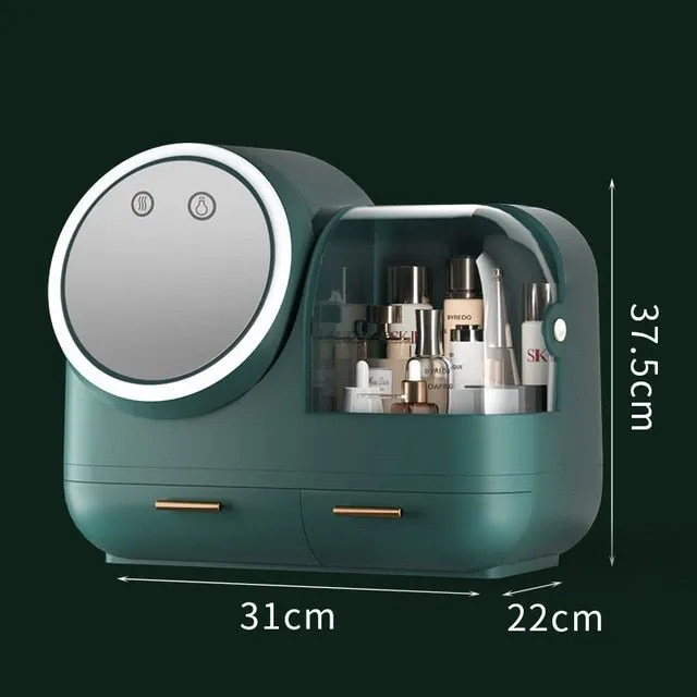 High Quality Makeup Storage Case LED Light With Fan Make Up Organizer Drawer Desktop Skincare Lipstick Cosmetic Beauty Box