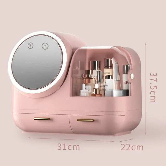 High Quality Makeup Storage Case LED Light With Fan Make Up Organizer Drawer Desktop Skincare Lipstick Cosmetic Beauty Box