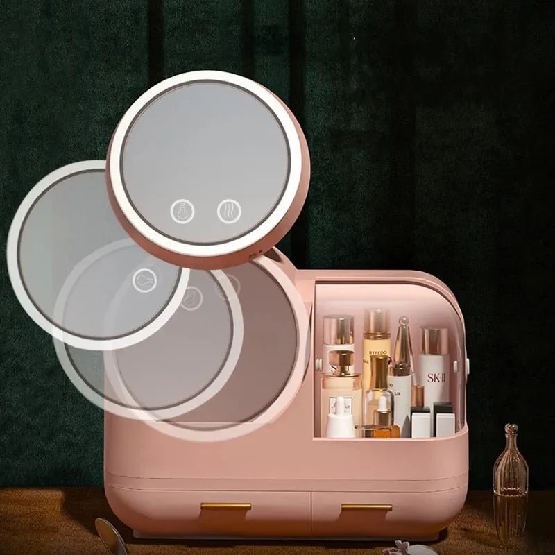 High Quality Makeup Storage Case LED Light With Fan Make Up Organizer Drawer Desktop Skincare Lipstick Cosmetic Beauty Box