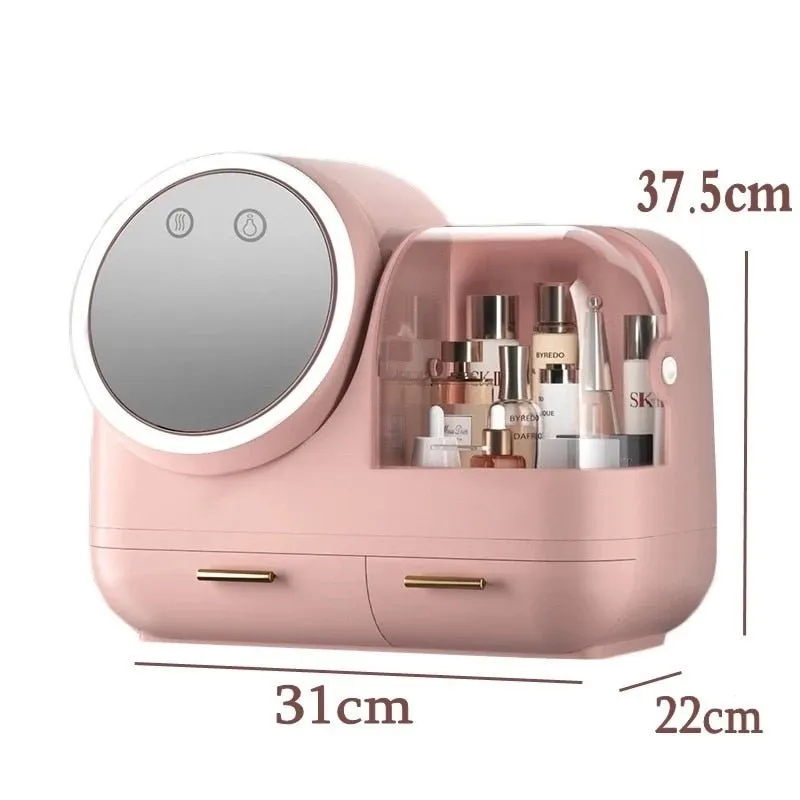 High Quality Makeup Storage Case LED Light With Fan Make Up Organizer Drawer Desktop Skincare Lipstick Cosmetic Beauty Box
