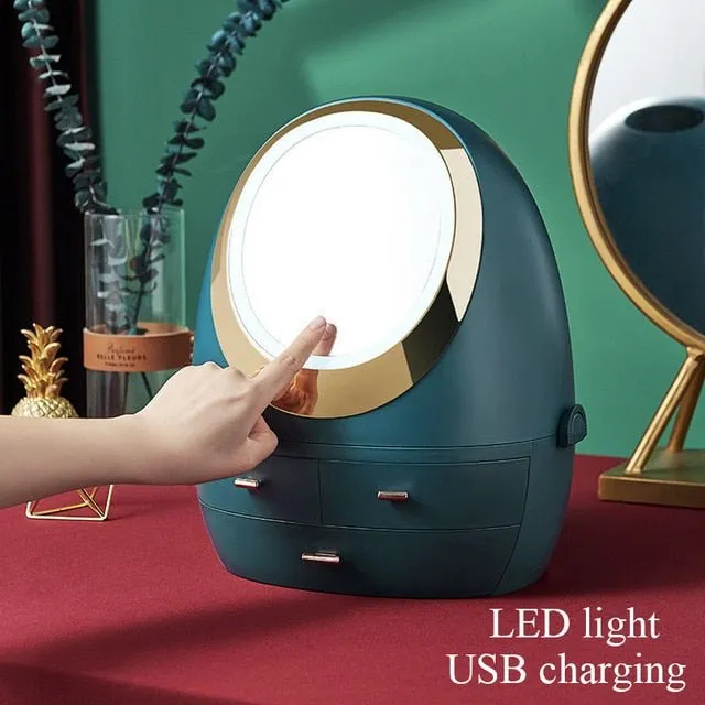 High Quality Makeup Storage Case LED Light With Fan Make Up Organizer Drawer Desktop Skincare Lipstick Cosmetic Beauty Box