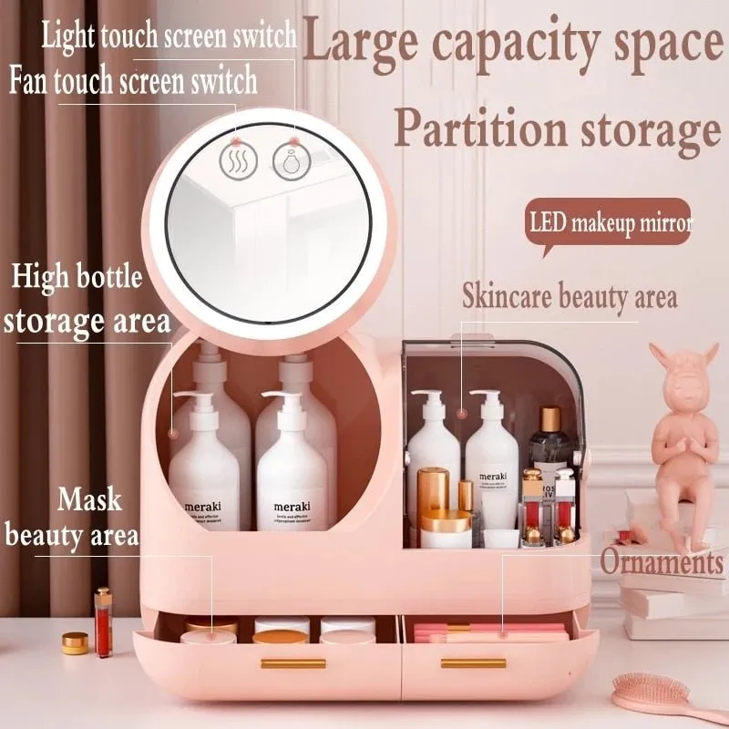 High Quality Makeup Storage Case LED Light With Fan Make Up Organizer Drawer Desktop Skincare Lipstick Cosmetic Beauty Box