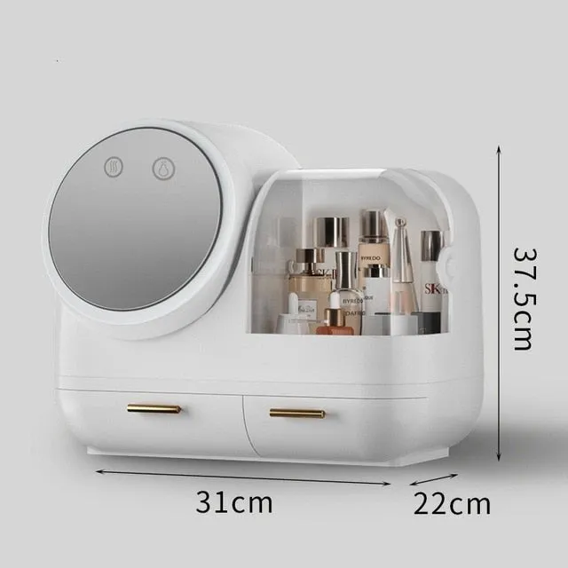 High Quality Makeup Storage Case LED Light With Fan Make Up Organizer Drawer Desktop Skincare Lipstick Cosmetic Beauty Box