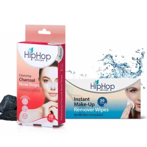 HipHop Blackhead Remover Nose Strips for Women (Activated Charcoal, 10 Strips)   Instant Makeup Remover Wipes (Micellar water, 30 Wipes)