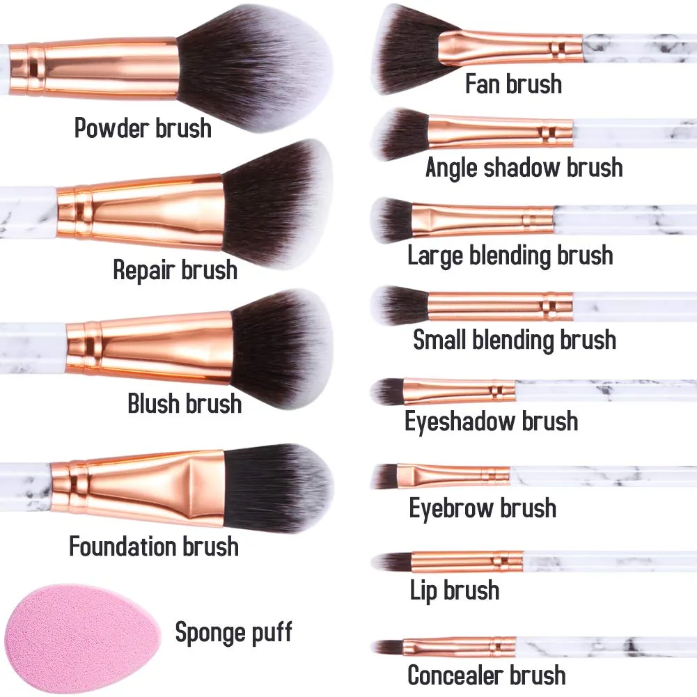 Marble-12pcs White Makeup Brush Sets with Makeup Sponge