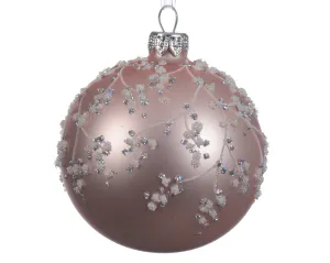 Matt Glass Blush Pink Bauble with Glitter and Pearl Branch Design - 8cm
