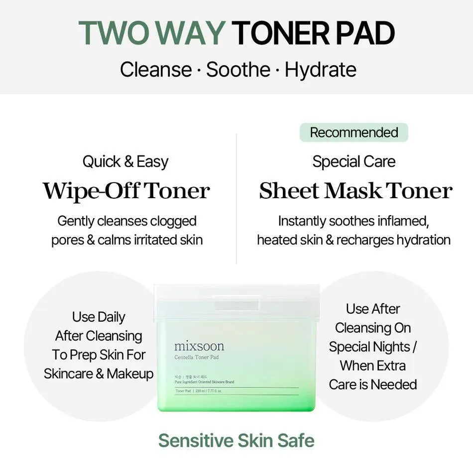 Mixsoon Centella Asiatica Toner Pad 韩国大豆积雪草爽肤水棉片 120 Sheets 230mL