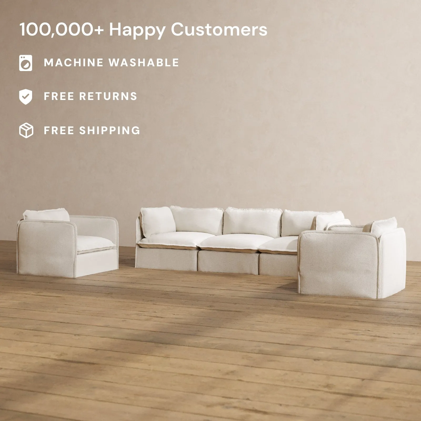 Modular Washable 3-Seater Sofa   Armchair Set in Powder | Deluxe  Seat | Contour Pillow