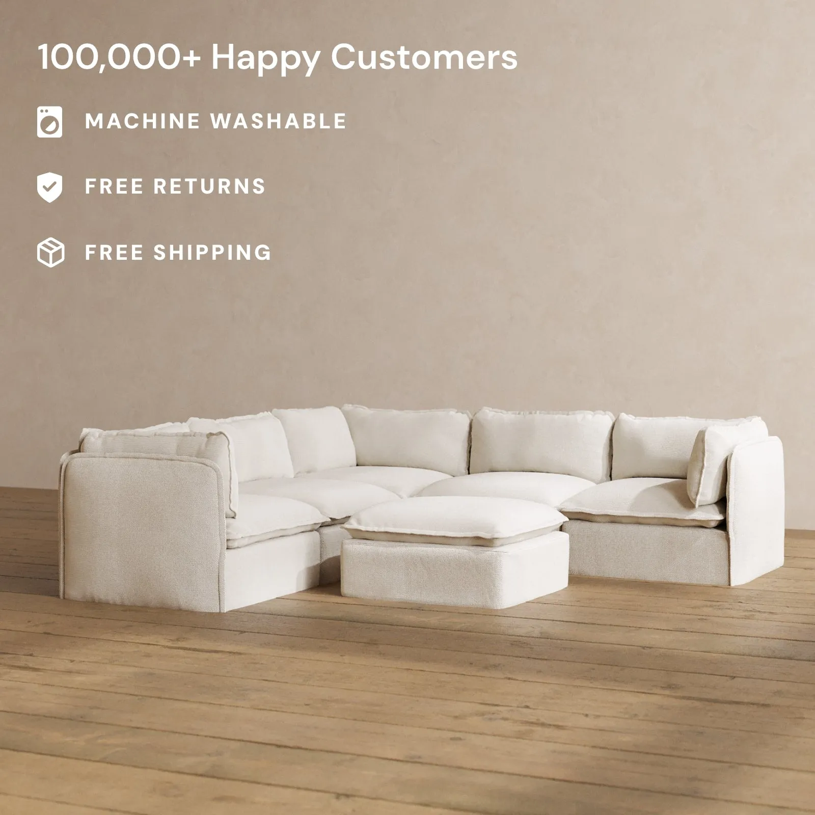 Modular Washable 4-Seater Corner Sectional   Ottoman in Powder | Memorix  Seat | Contour Pillow