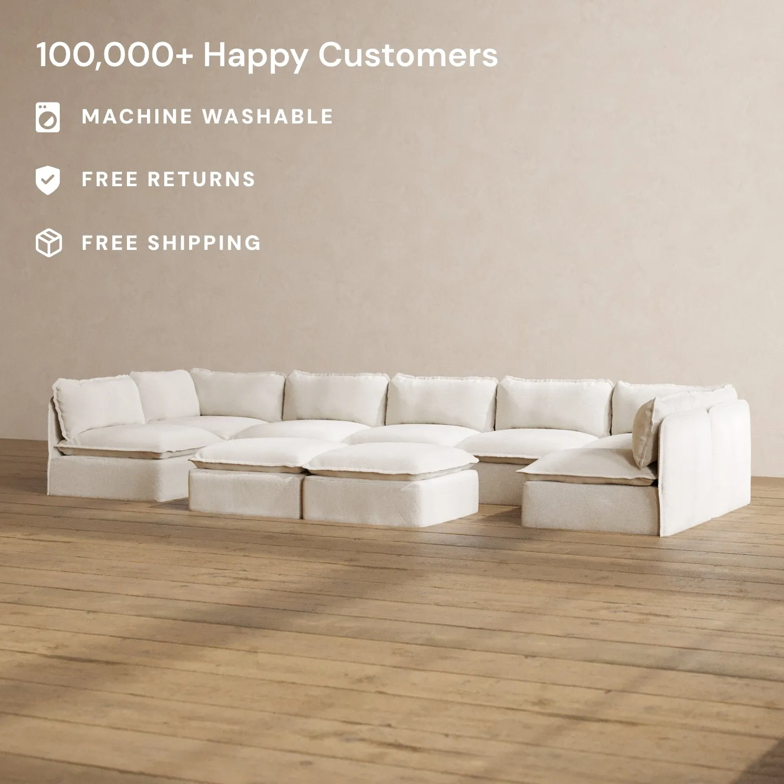 Modular Washable 7-Seater Open-Ends U-Sectional   Bench Ottoman in Powder | Deluxe  Seat | Contour Pillow