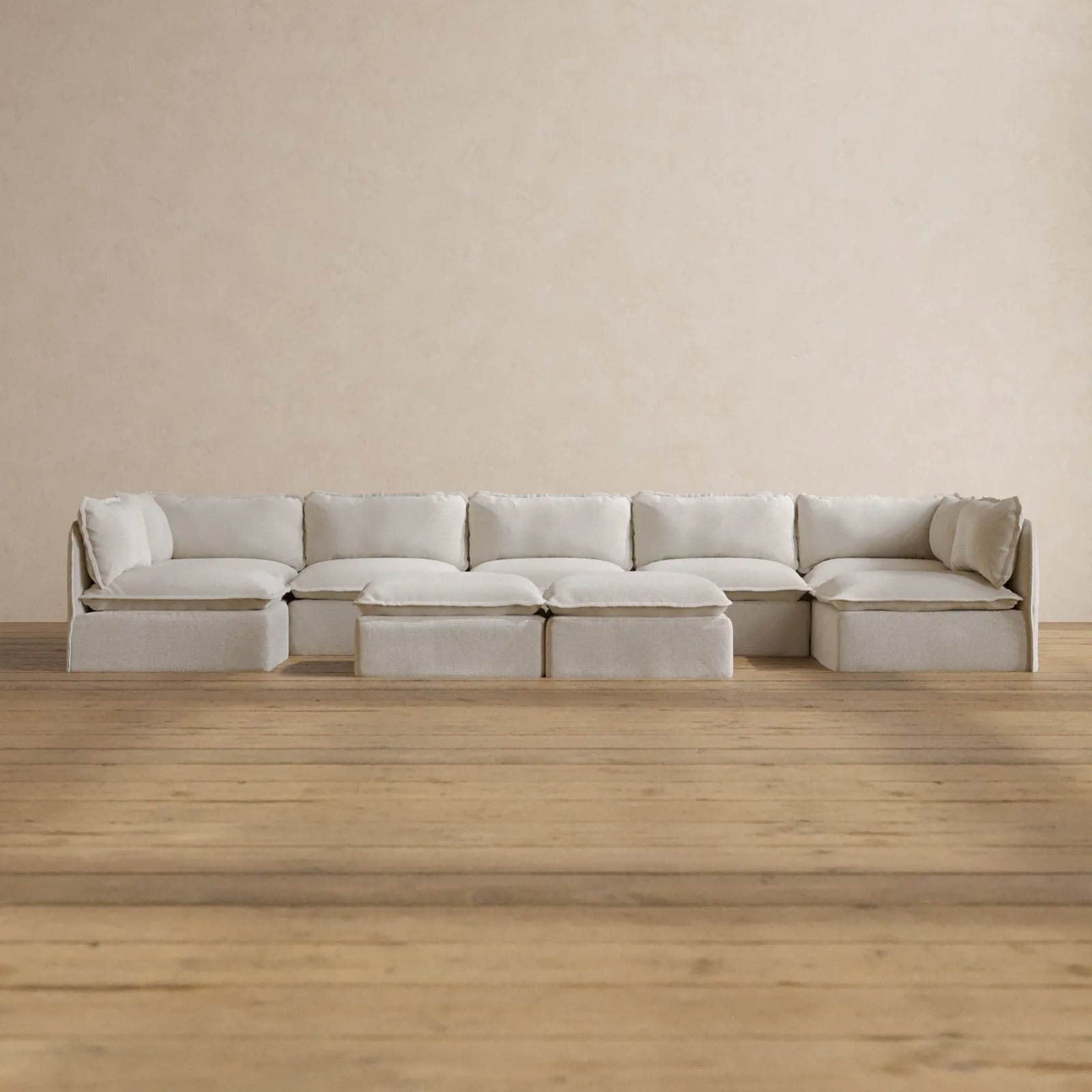 Modular Washable 7-Seater Open-Ends U-Sectional   Bench Ottoman in Powder | Deluxe  Seat | Contour Pillow