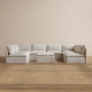 Modular Washable 8-Seater Open-Ends U-Sectional   Ottoman in Powder | Deluxe  Seat | Contour Pillow