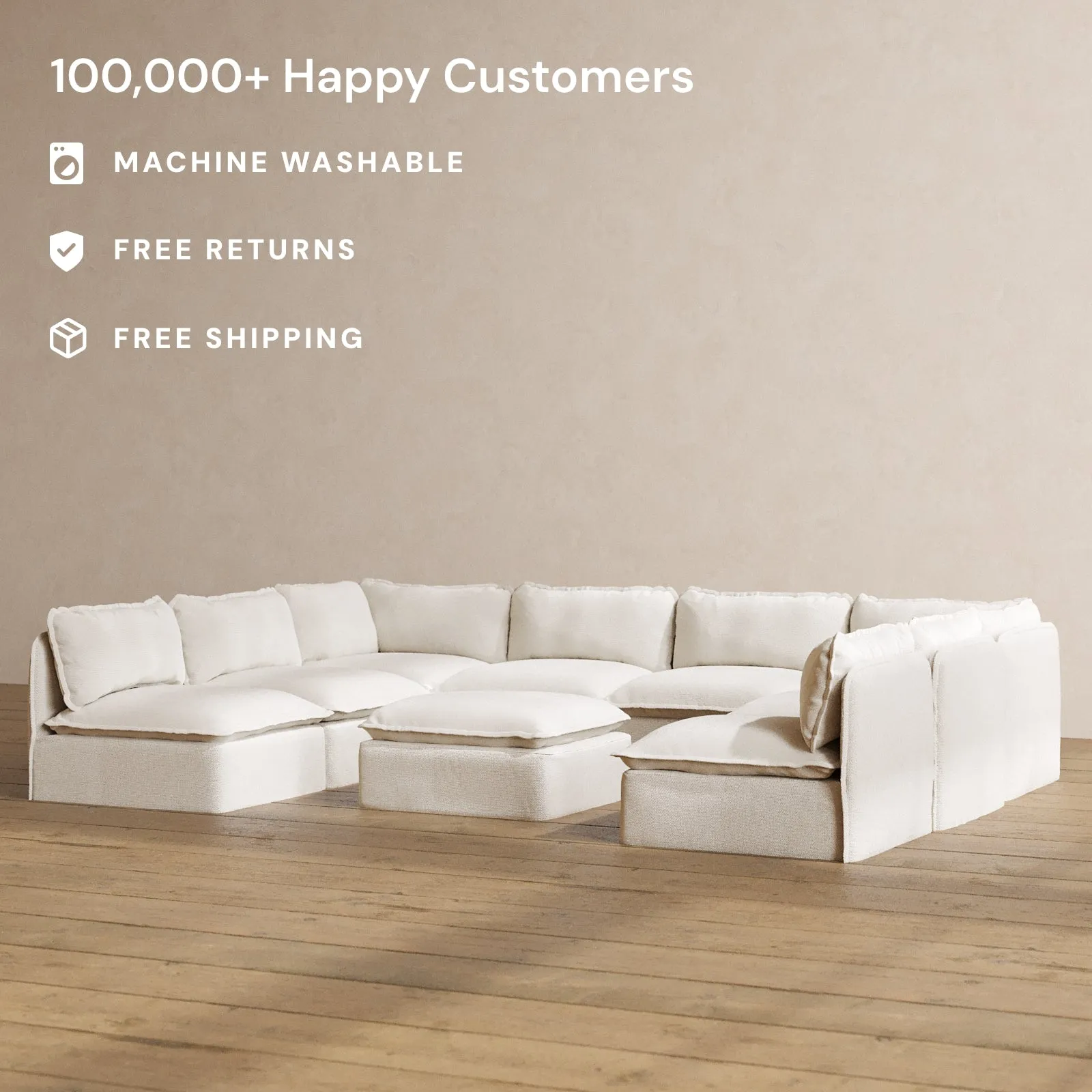 Modular Washable 8-Seater Open-Ends U-Sectional   Ottoman in Powder | Deluxe  Seat | Contour Pillow