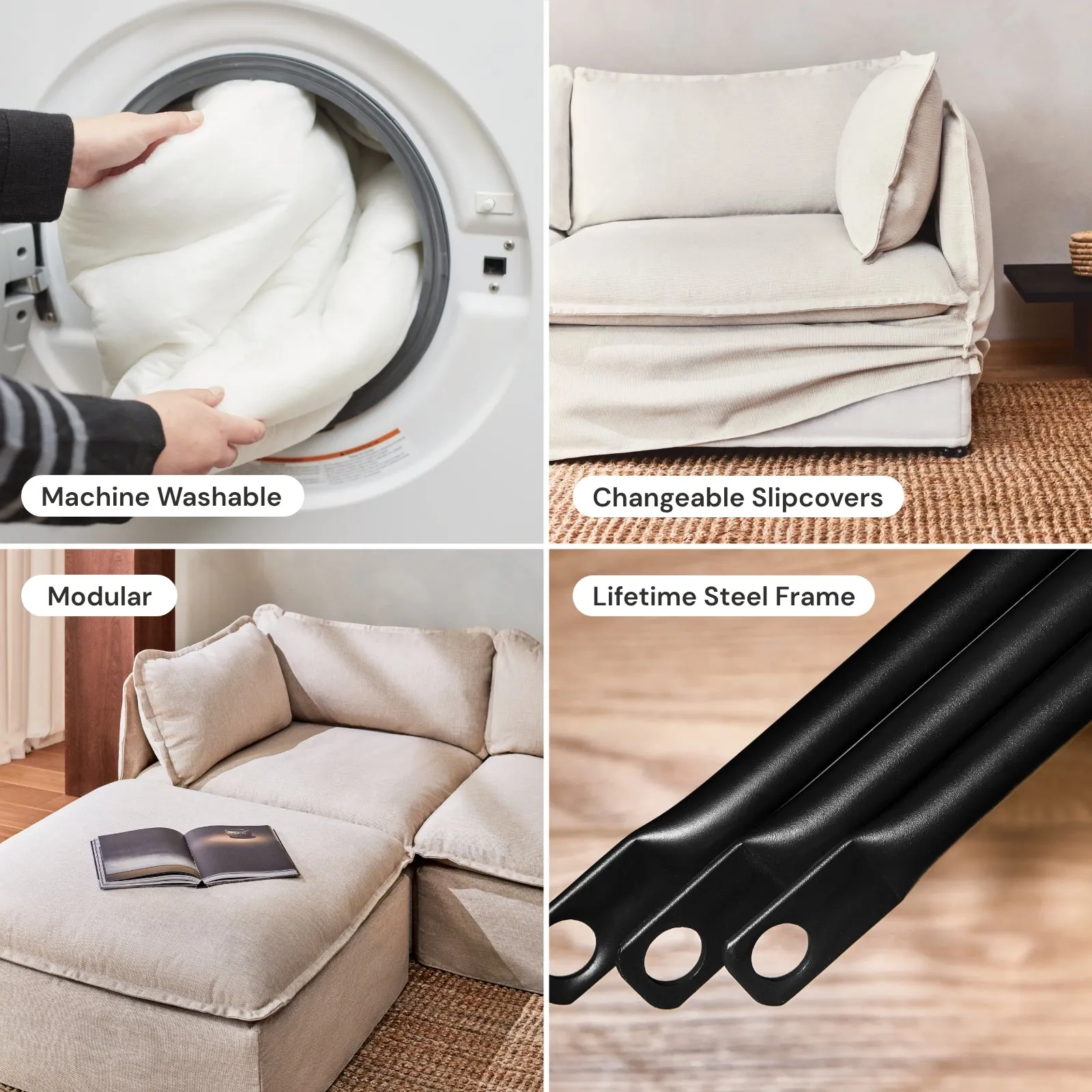 Modular Washable 8-Seater Open-Ends U-Sectional   Ottoman in Powder | Deluxe  Seat | Contour Pillow