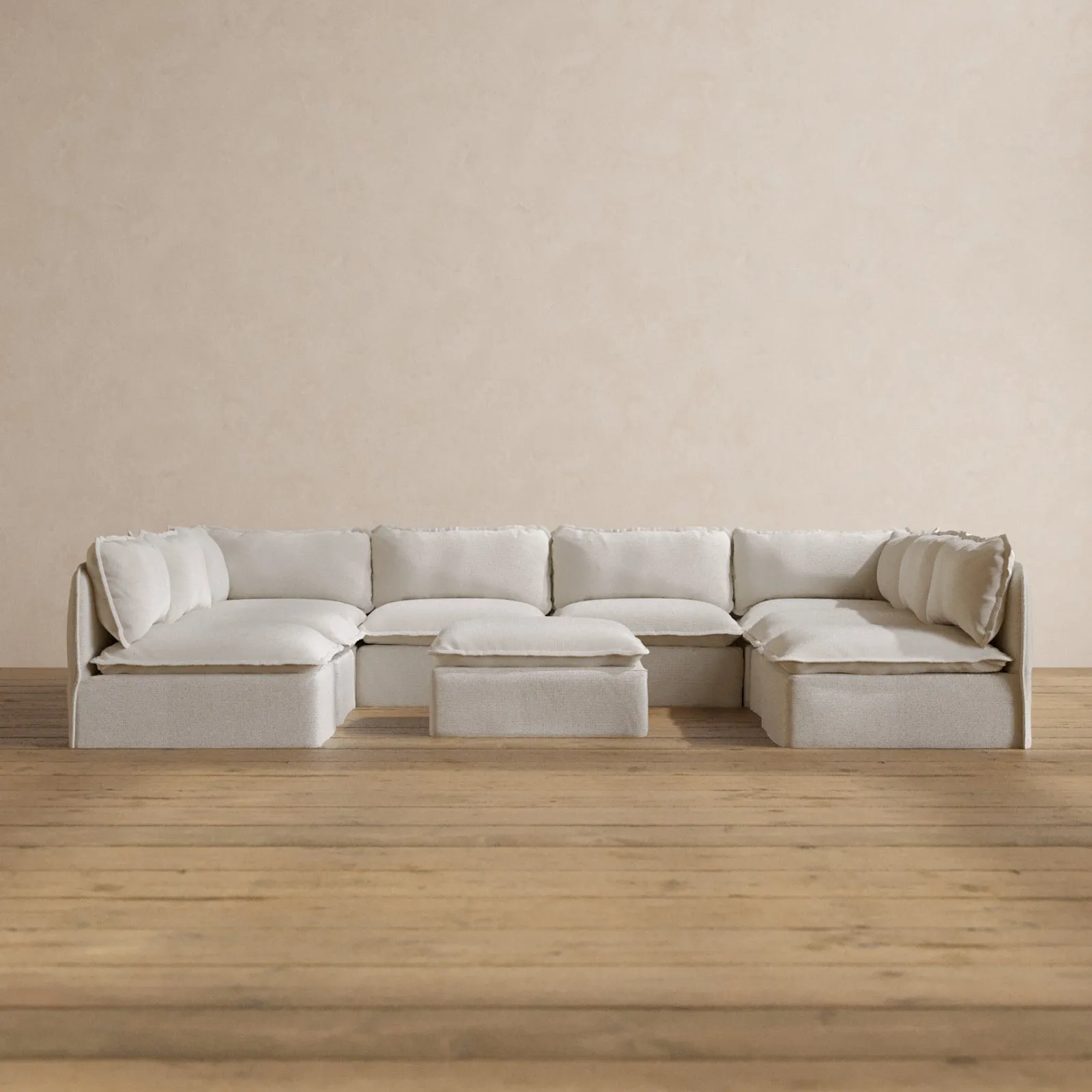 Modular Washable 8-Seater Open-Ends U-Sectional   Ottoman in Powder | Deluxe  Seat | Contour Pillow