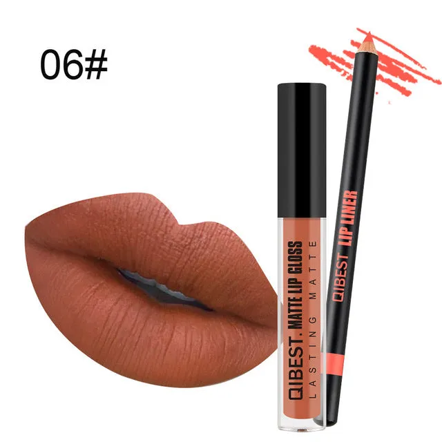 New Pro Fashion Lip Gloss Beauty Waterproof Matte Liquid Lipstick Long Lasting Lip Gloss Lipstick With Lip Liner Pen Set
